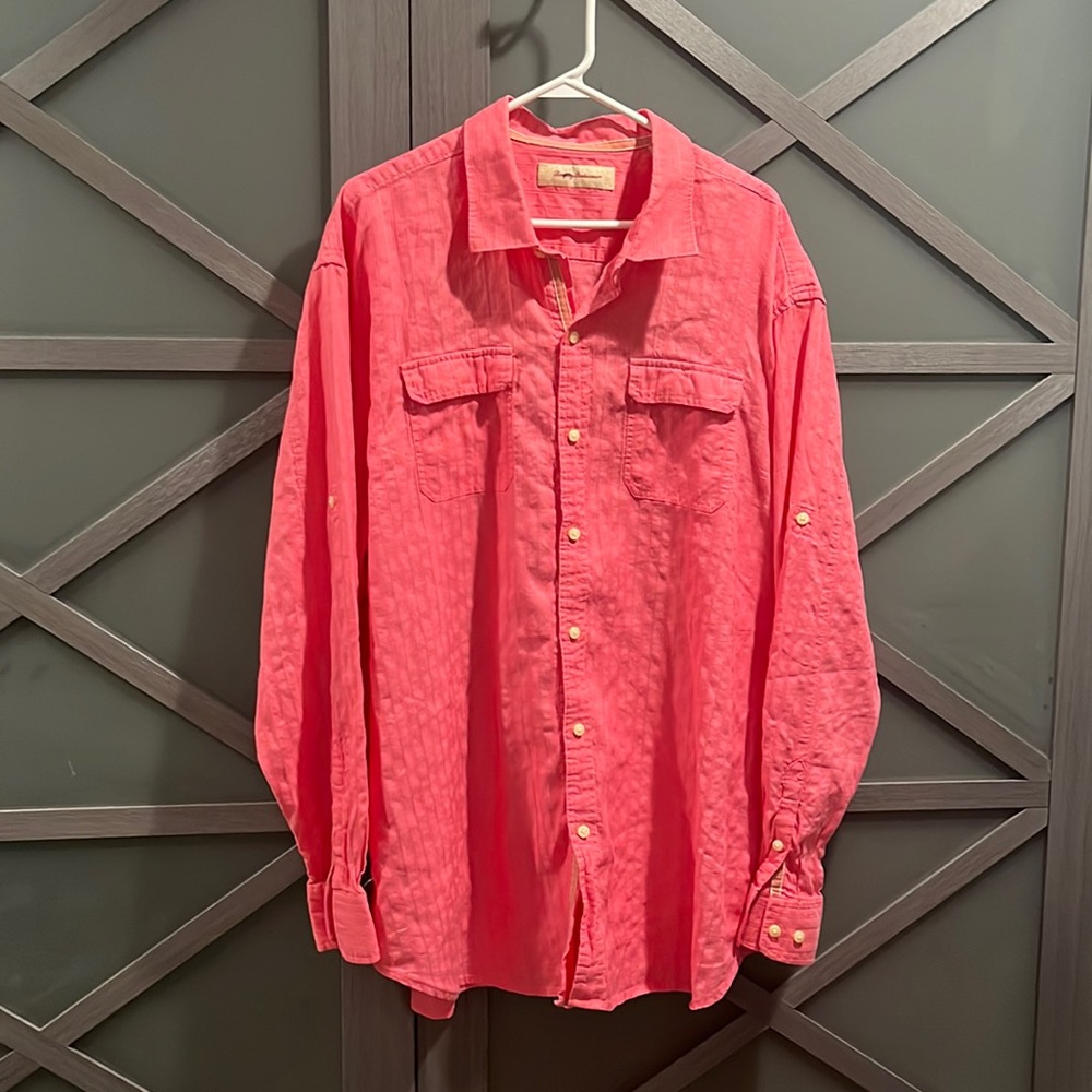 Tommy Bahama linen cotton blend button front shirt pink salmon color size XXL